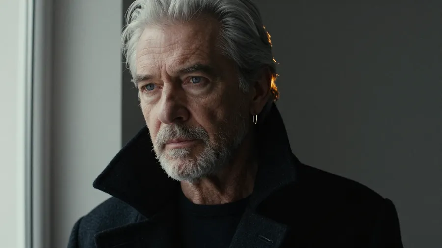 Editorial portrait of a silver-haired man around 64 in a black high-collar coat, lit by soft window light against a charcoal background, generated on getimg.ai with Z-Image Turbo for an AI image realism test.