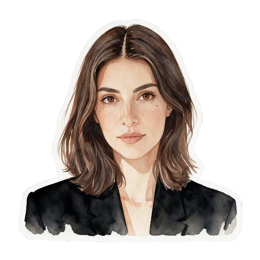 The same woman redrawn as a die-cut AI sticker in a soft watercolour style, generated by the Sticker maker on getimg.ai.
