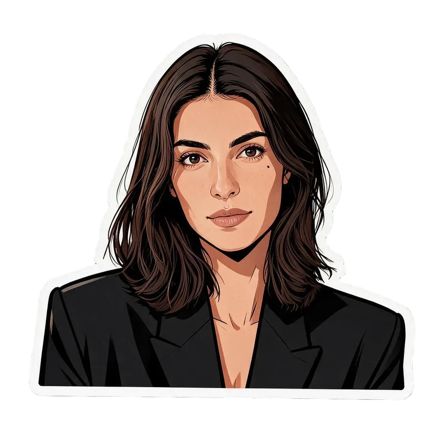 The same woman redrawn as a die-cut AI sticker in a bold-outline vector illustration style, generated by the Sticker maker on getimg.ai.