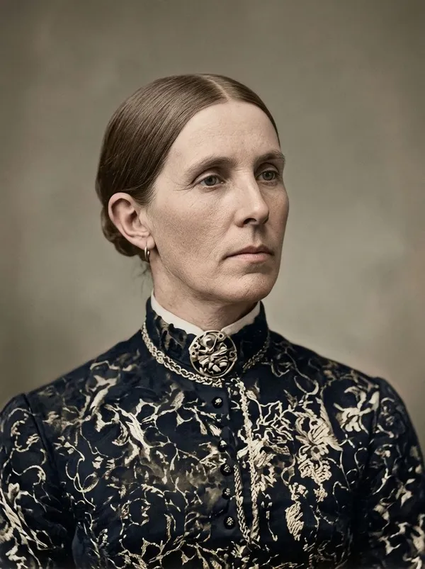 The same studio portrait of the woman after AI restoration and colorization on getimg.ai, her face sharp and clean and her navy floral high-collared dress and brooch rendered in natural colour, with the stains and cracks removed.