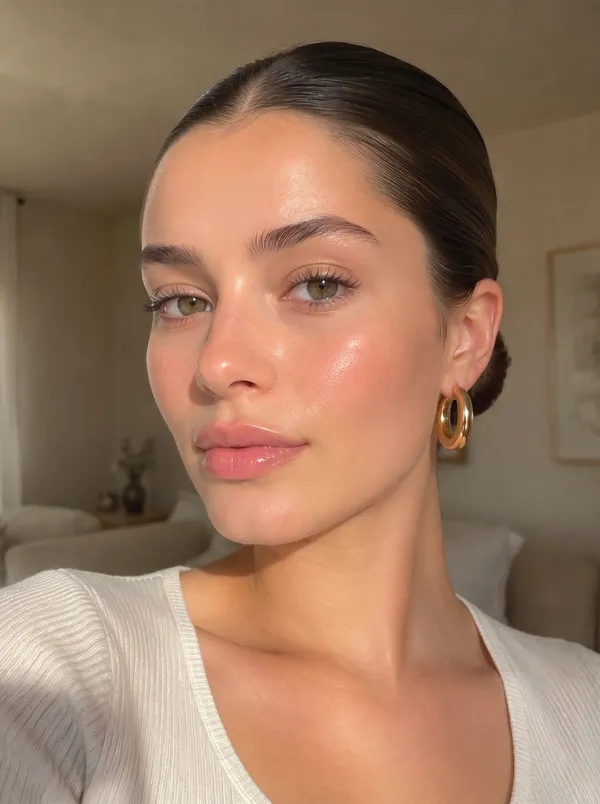 Close-up AI headshot of a woman with dark slicked-back hair and gold hoop earrings, wearing a cream knit top, photographed in a softly lit living room with natural, glowing skin. Generated with getimg.ai.