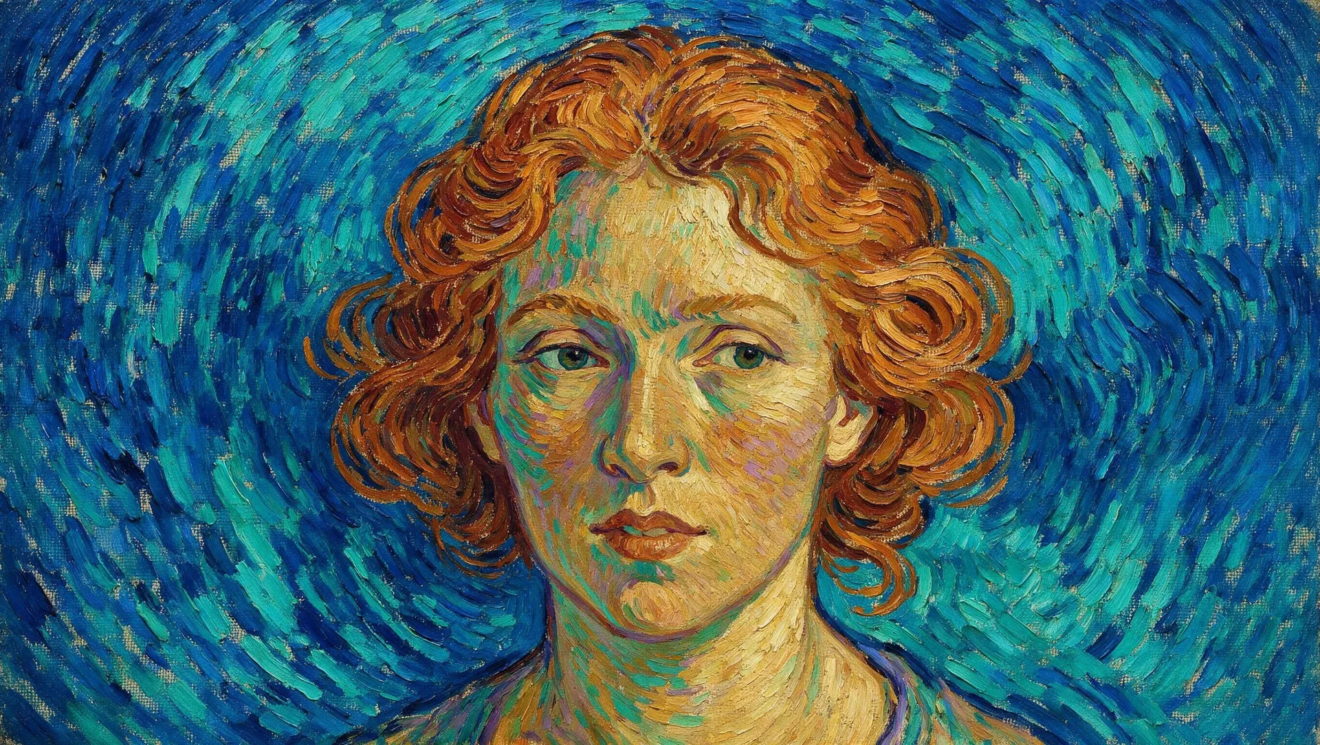 Post-impressionist oil-painting avatar of a red-haired person against swirling blue brushstrokes, generated with getimg.ai