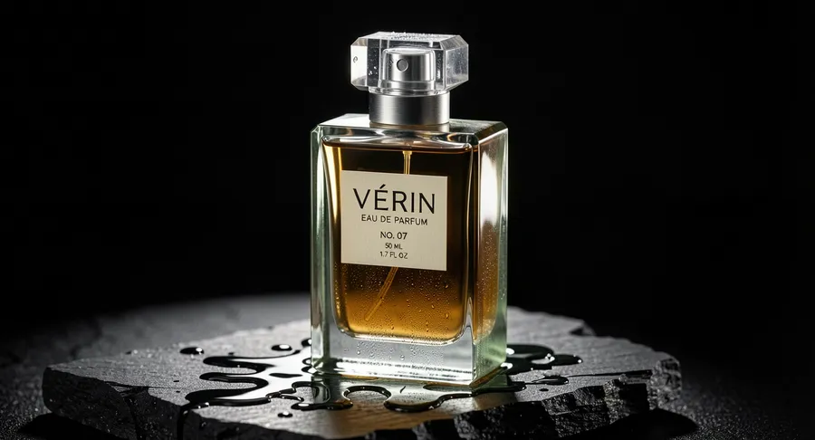 Luxury fragrance campaign photo of a rectangular VÉRIN perfume bottle on wet black stone, generated on getimg.ai with FLUX.2 [klein] for an AI image realism test.
