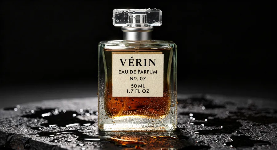 Luxury fragrance campaign photo of a rectangular VÉRIN perfume bottle on wet black stone, generated on getimg.ai with FLUX.2 [max] for an AI image realism test.