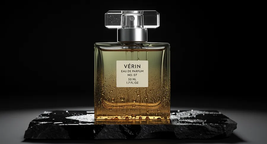 Luxury fragrance campaign photo of a rectangular VÉRIN perfume bottle on wet black stone, generated on getimg.ai with FLUX.2 [pro] for an AI image realism test.