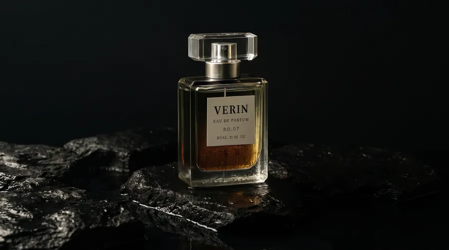 Luxury fragrance campaign photo of a rectangular VÉRIN perfume bottle on wet black stone, generated on getimg.ai with GPT Image 1 for an AI image realism test.