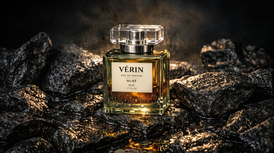 Luxury fragrance campaign photo of a rectangular VÉRIN perfume bottle on wet black stone, generated on getimg.ai with GPT Image 1.5 for an AI image realism test.