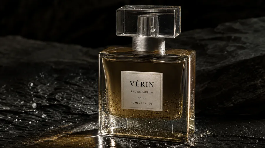 Luxury fragrance campaign photo of a rectangular VÉRIN perfume bottle on wet black stone, generated on getimg.ai with GPT Image 2 for an AI image realism test.