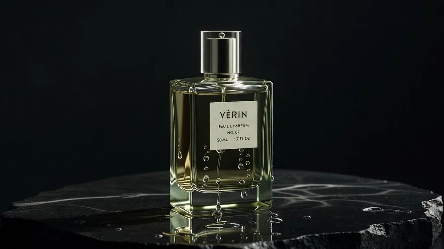 Luxury fragrance campaign photo of a rectangular VÉRIN perfume bottle on wet black stone, generated on getimg.ai with Grok Imagine for an AI image realism test.