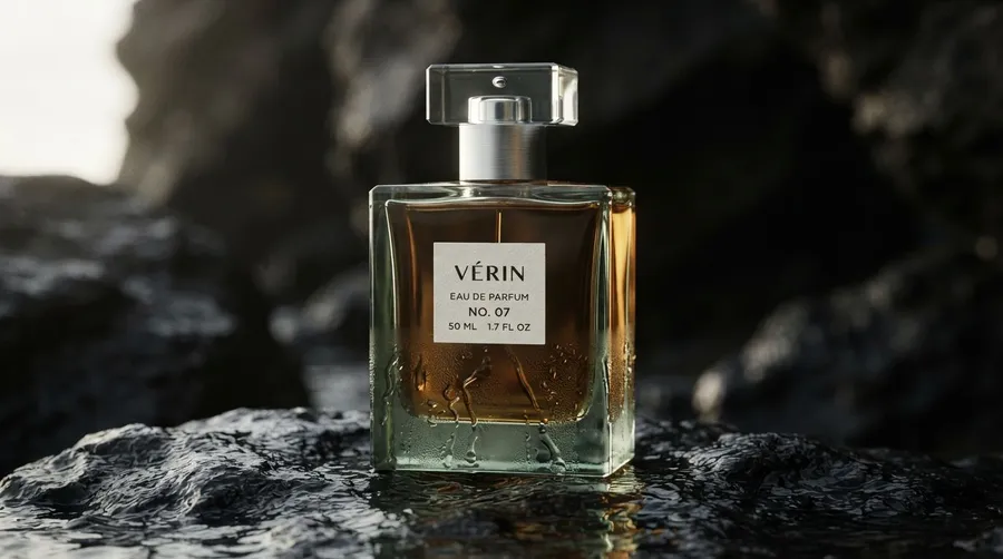 Luxury fragrance campaign photo of a rectangular VÉRIN perfume bottle on wet black stone, generated on getimg.ai with Nano Banana 2 Lite for an AI image realism test.