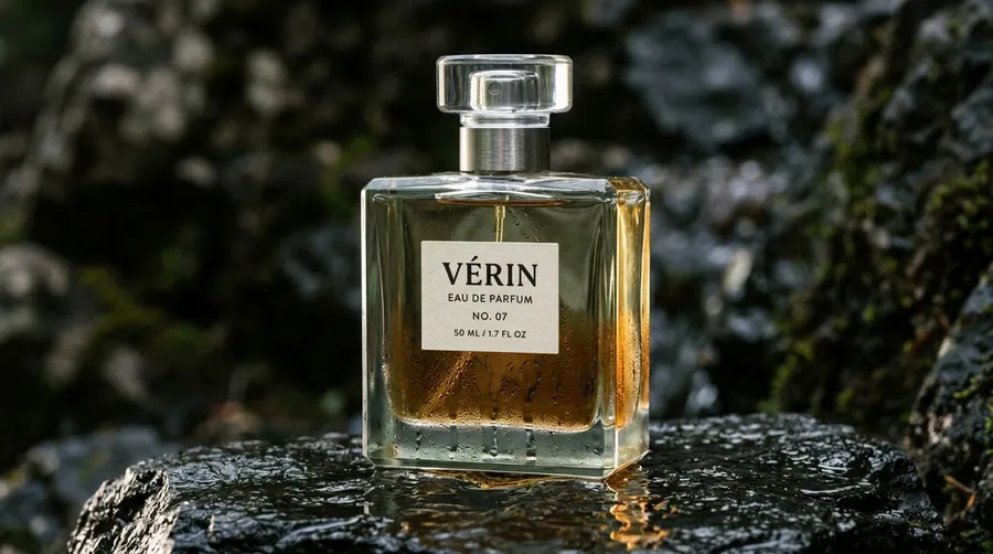 Luxury fragrance campaign photo of a rectangular VÉRIN perfume bottle on wet black stone, generated on getimg.ai with Nano Banana 2 for an AI image realism test.