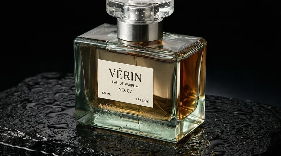 Luxury fragrance campaign photo of a rectangular VÉRIN perfume bottle on wet black stone, generated on getimg.ai with Nano Banana Pro for an AI image realism test.