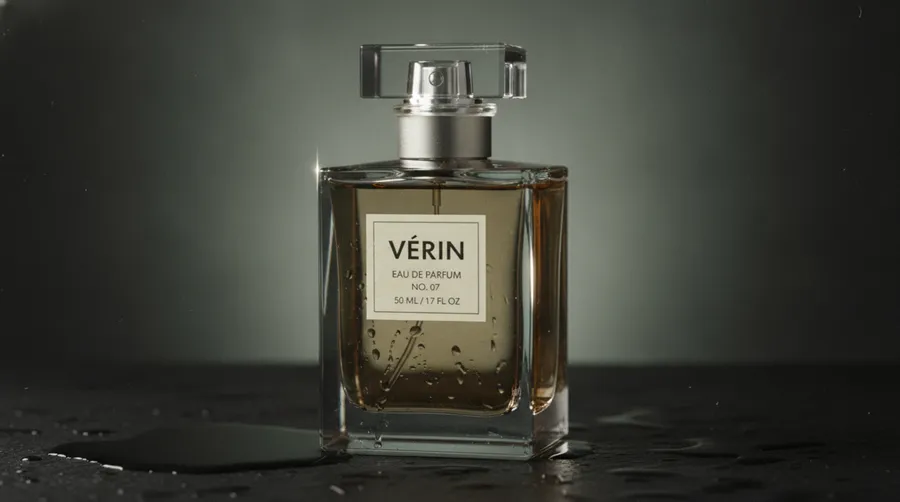 Luxury fragrance campaign photo of a rectangular VÉRIN perfume bottle on wet black stone, generated on getimg.ai with Nano Banana for an AI image realism test.