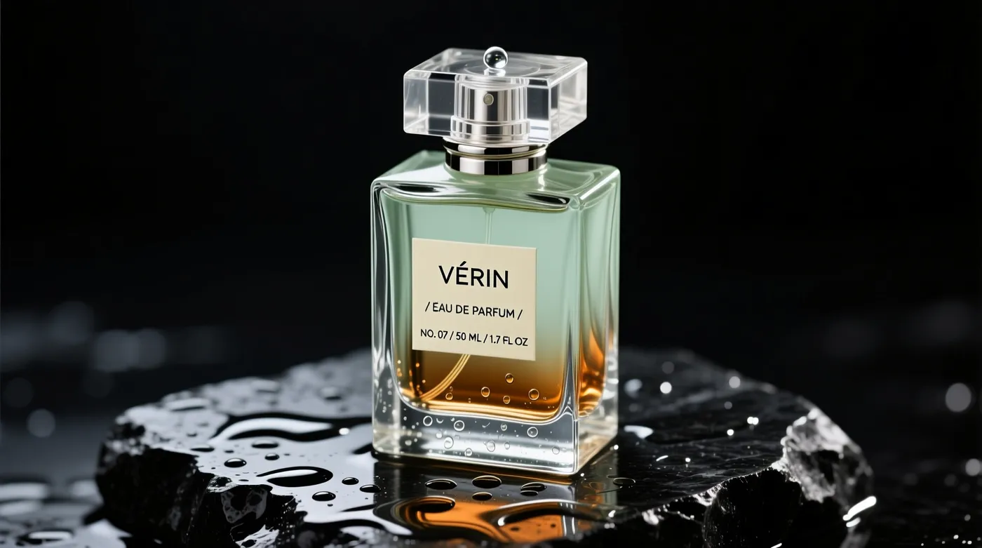 Luxury fragrance campaign photo of a rectangular VÉRIN perfume bottle on wet black stone, generated on getimg.ai with Qwen Image for an AI image realism test.