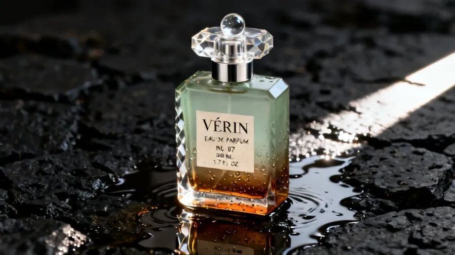 Luxury fragrance campaign photo of a rectangular VÉRIN perfume bottle on wet black stone, generated on getimg.ai with Seedream 4 for an AI image realism test.