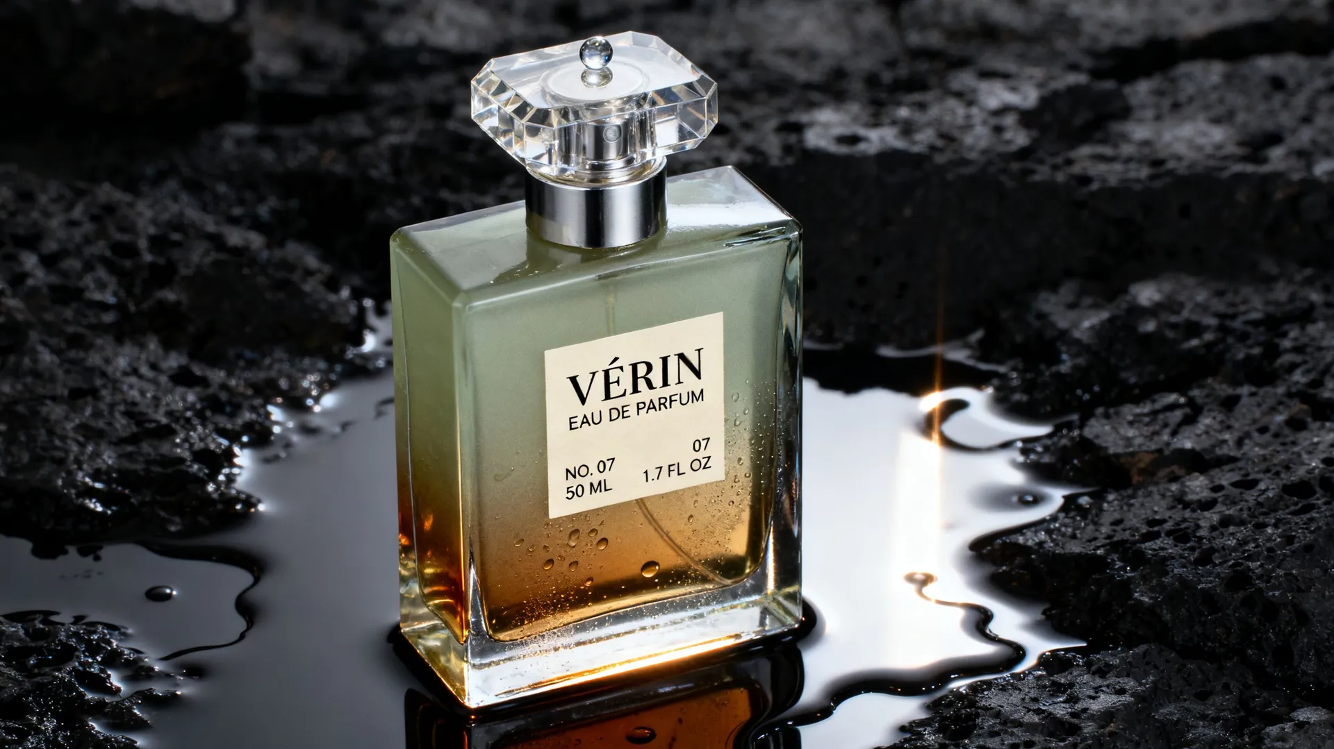 Luxury fragrance campaign photo of a rectangular VÉRIN perfume bottle on wet black stone, generated on getimg.ai with Seedream 4.5 for an AI image realism test.