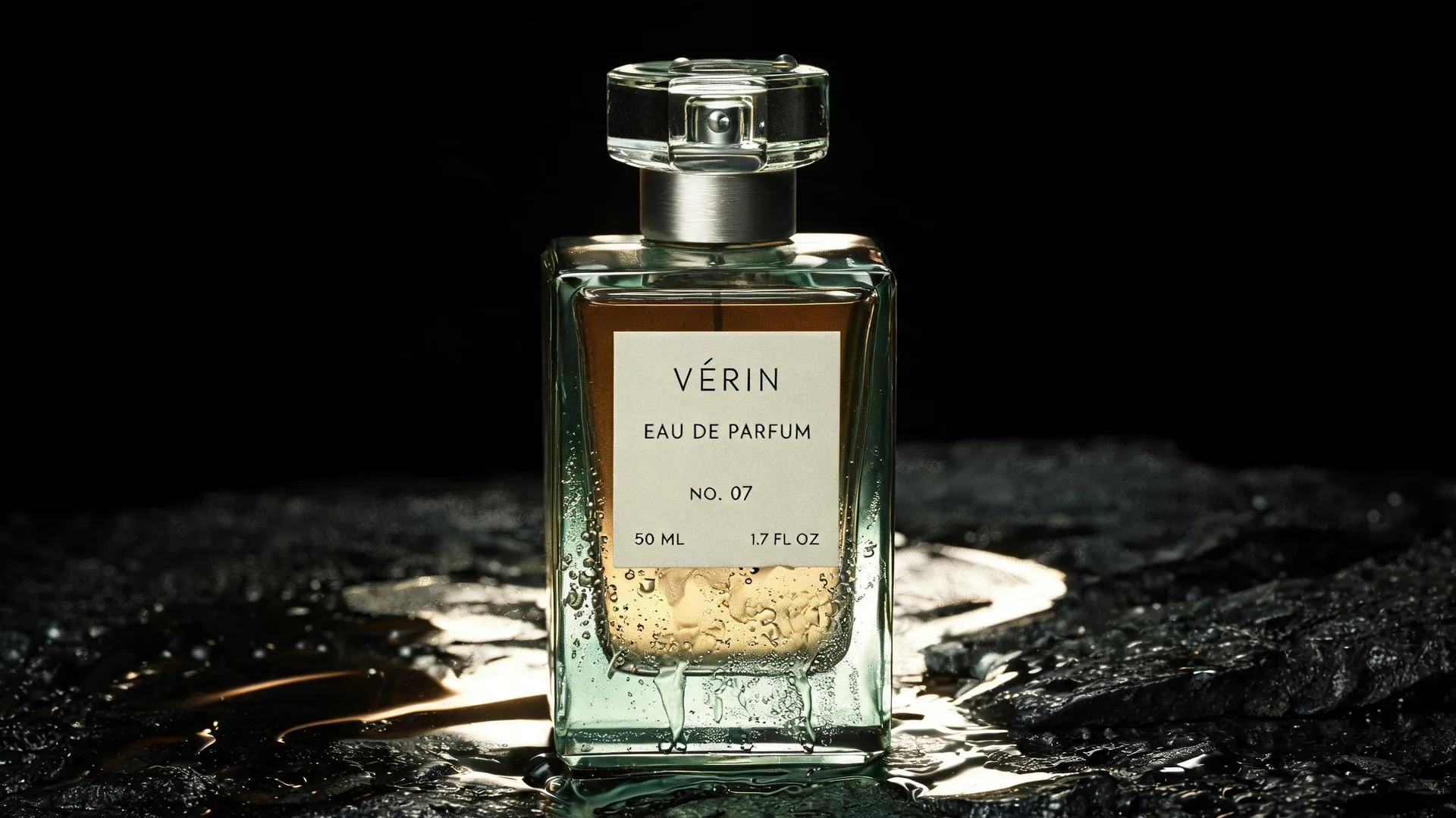 Luxury fragrance campaign photo of a rectangular VÉRIN perfume bottle on wet black stone, generated on getimg.ai with Seedream 5.0 Lite for an AI image realism test.