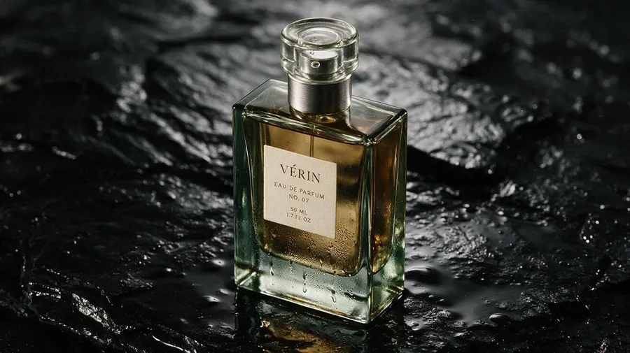 Luxury fragrance campaign photo of a rectangular VÉRIN perfume bottle on wet black stone, generated on getimg.ai with Seedream 5.0 Pro for an AI image realism test.