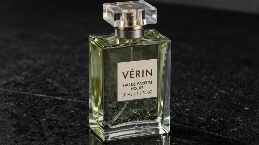 Luxury fragrance campaign photo of a rectangular VÉRIN perfume bottle on wet black stone, generated on getimg.ai with Z-Image Turbo for an AI image realism test.