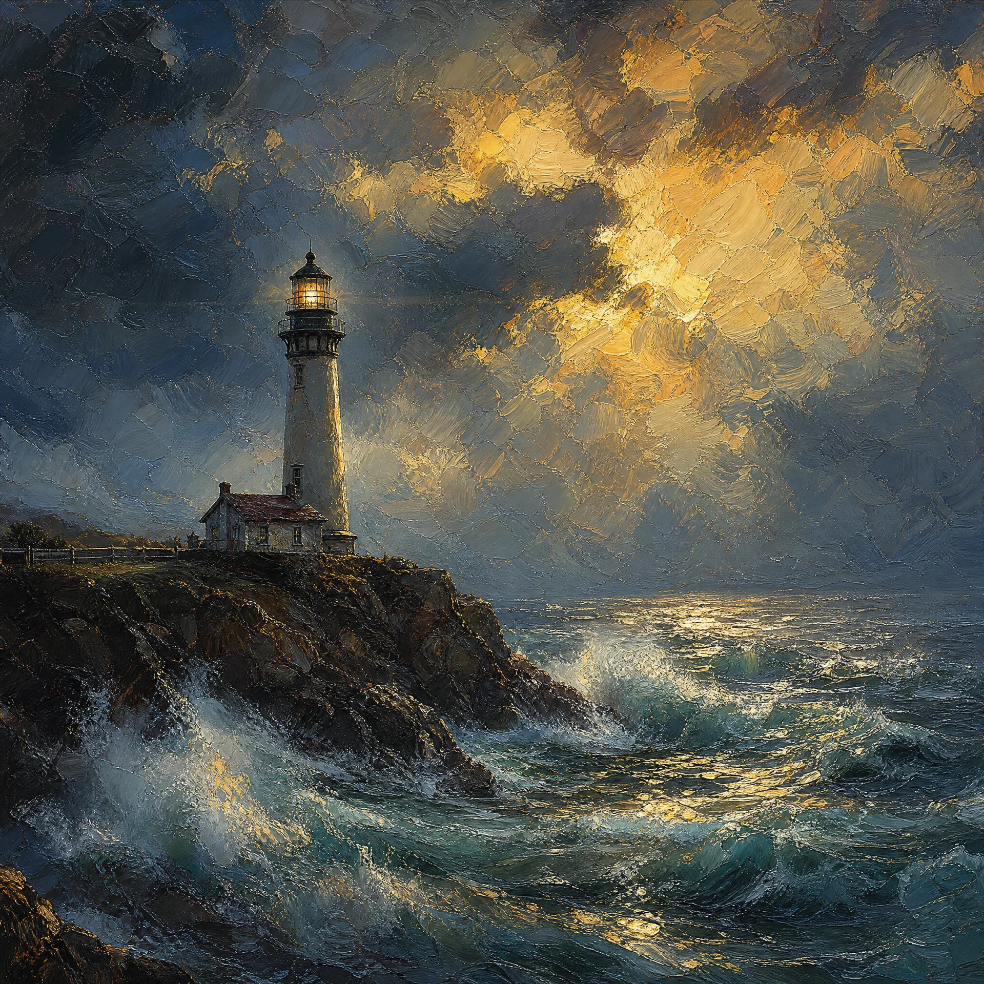 Oil painting of lighthouse seascape
