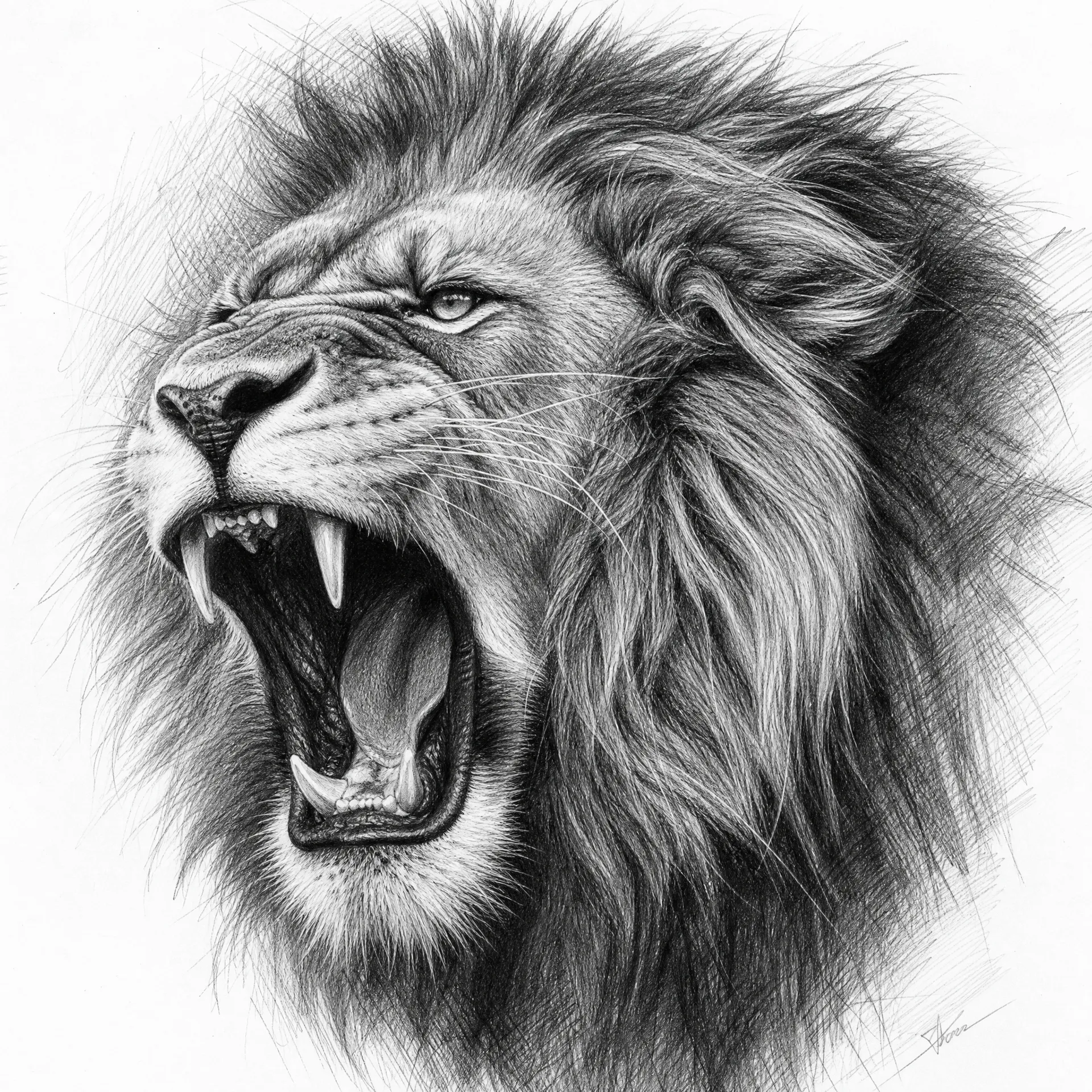 Pencil sketch of a roaring lion
