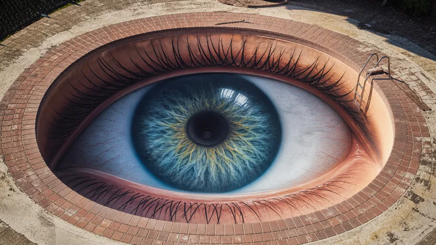 Hyperrealistic mural of a giant human eye painted across the floor of an empty swimming pool, created on getimg.ai