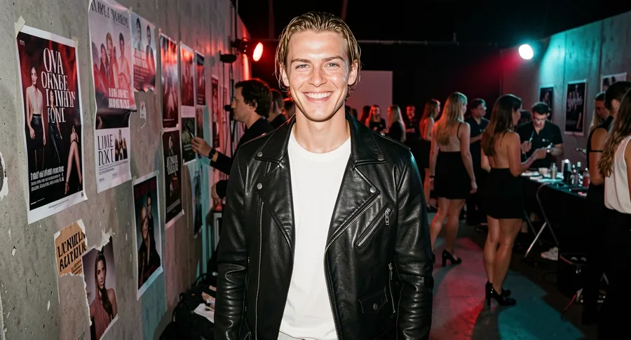 Backstage fashion-show photo recreating the reference man in a leather jacket with wet-look hair, testing identity preservation, generated on getimg.ai with FLUX.2 [klein] for an AI image realism test.