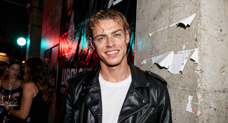 Backstage fashion-show photo recreating the reference man in a leather jacket with wet-look hair, testing identity preservation, generated on getimg.ai with FLUX.2 [pro] for an AI image realism test.