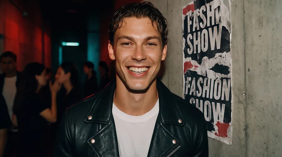 Backstage fashion-show photo recreating the reference man in a leather jacket with wet-look hair, testing identity preservation, generated on getimg.ai with GPT Image 1 for an AI image realism test.
