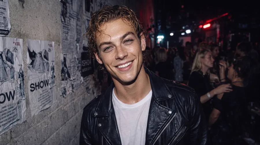 Backstage fashion-show photo recreating the reference man in a leather jacket with wet-look hair, testing identity preservation, generated on getimg.ai with GPT Image 1.5 for an AI image realism test.