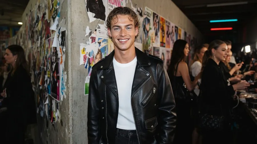 Backstage fashion-show photo recreating the reference man in a leather jacket with wet-look hair, testing identity preservation, generated on getimg.ai with Grok Imagine for an AI image realism test.