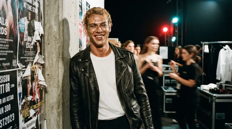 Backstage fashion-show photo recreating the reference man in a leather jacket with wet-look hair, testing identity preservation, generated on getimg.ai with Nano Banana 2 Lite for an AI image realism test.