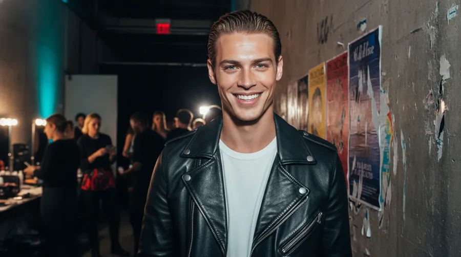 Backstage fashion-show photo recreating the reference man in a leather jacket with wet-look hair, testing identity preservation, generated on getimg.ai with Nano Banana for an AI image realism test.