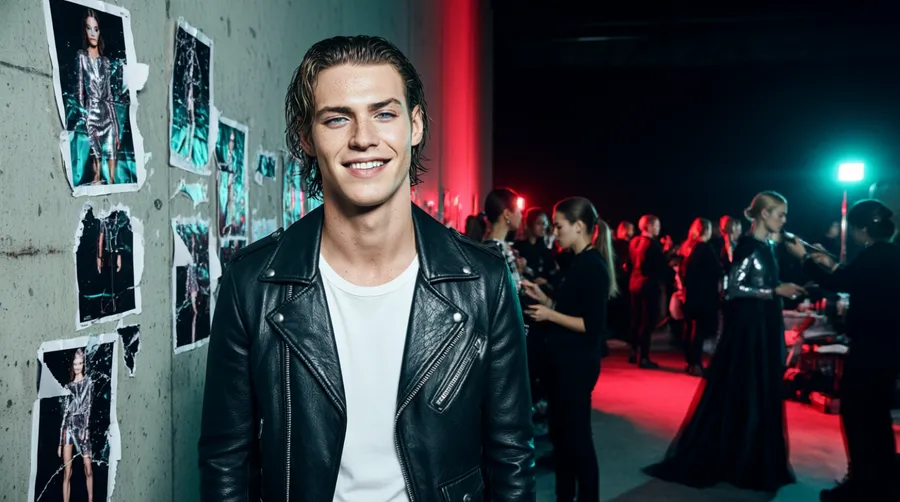 Backstage fashion-show photo recreating the reference man in a leather jacket with wet-look hair, testing identity preservation, generated on getimg.ai with Qwen Image for an AI image realism test.