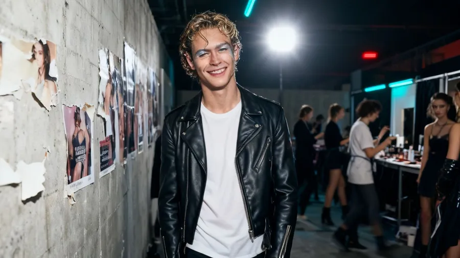 Backstage fashion-show photo recreating the reference man in a leather jacket with wet-look hair, testing identity preservation, generated on getimg.ai with Seedream 4 for an AI image realism test.