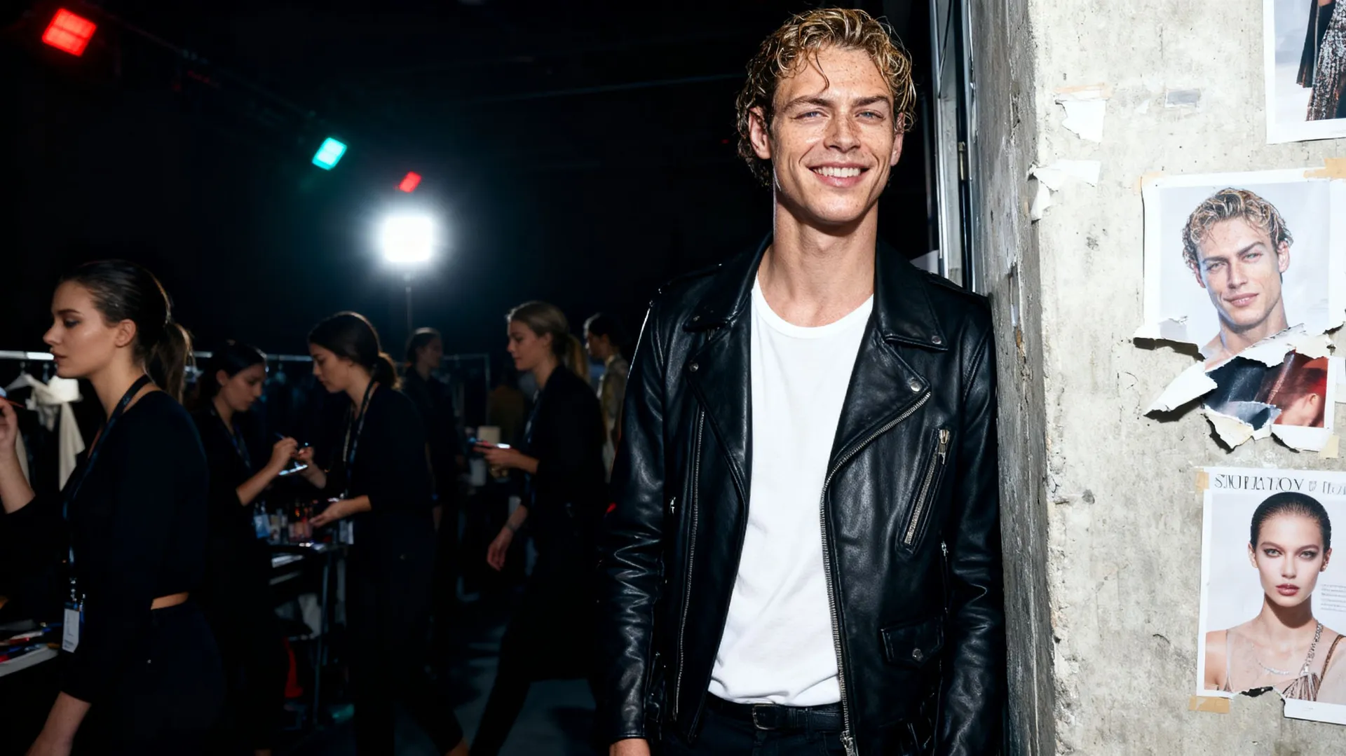 Backstage fashion-show photo recreating the reference man in a leather jacket with wet-look hair, testing identity preservation, generated on getimg.ai with Seedream 4.5 for an AI image realism test.