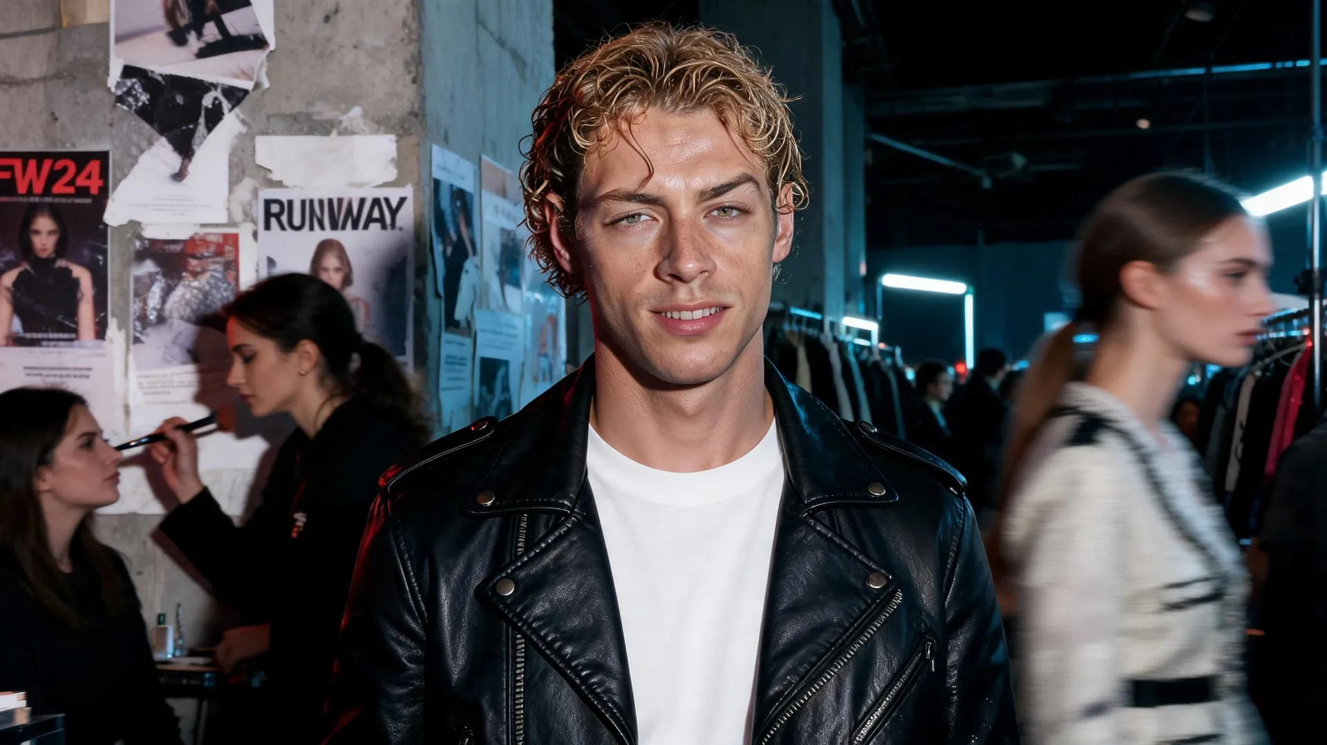 Backstage fashion-show photo recreating the reference man in a leather jacket with wet-look hair, testing identity preservation, generated on getimg.ai with Seedream 5.0 Lite for an AI image realism test.