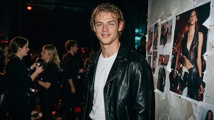 Backstage fashion-show photo recreating the reference man in a leather jacket with wet-look hair, testing identity preservation, generated on getimg.ai with Seedream 5.0 Pro for an AI image realism test.