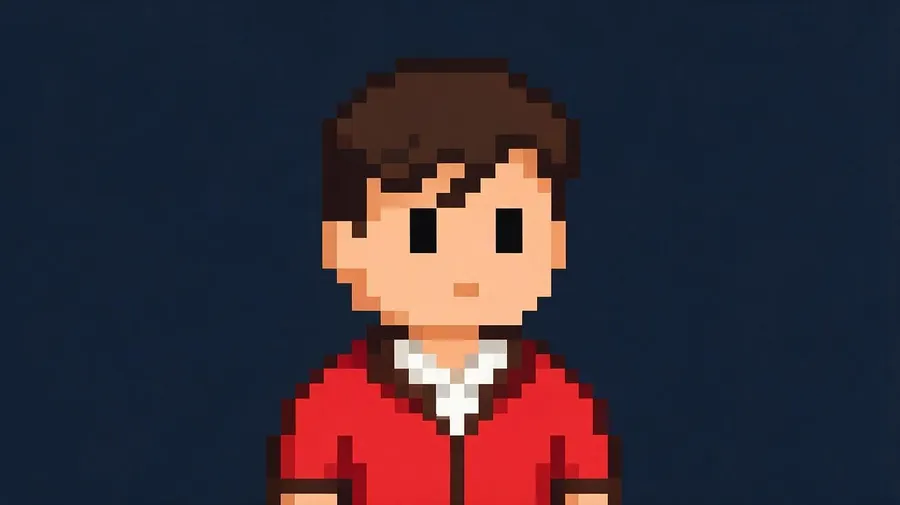 Retro 8-bit pixel-art avatar of a person in a red hoodie on a navy background, made with getimg.ai