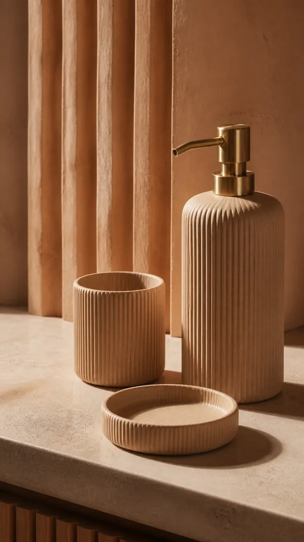 Styled bathroom product scene featuring a beige ribbed ceramic soap dispenser with a brass pump, paired with a matching ribbed cup and soap dish on a warm stone countertop. Generated from the same product reference using getimg.ai’s Image to Image feature to place the product in a new composition while preserving its visual design.