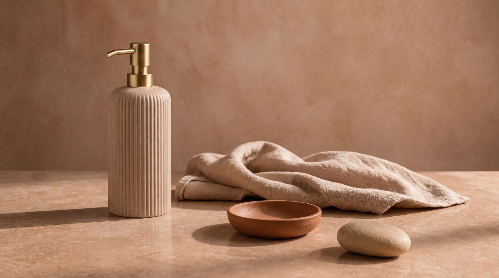 soap dispenser, the bottle standing on a warm clay stone surface, styled within a tightly controlled color environment where every element belongs to the same narrow palette: warm clay, sand, terracotta, and brushed brass, generated on getimg.ai