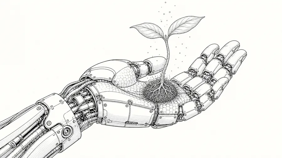 Detailed line art of a robotic hand cradling a sprouting seedling with roots, generated with getimg.ai's AI line art generator