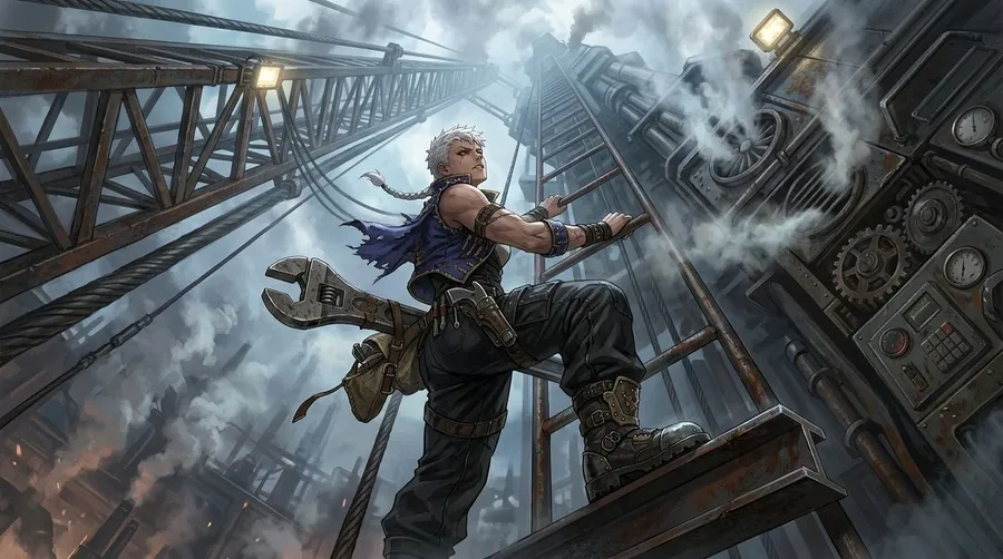 Anime female mechanic with white hair climbing a colossal vertical machine tower with a wrench, anime AI art created with getimg.ai.