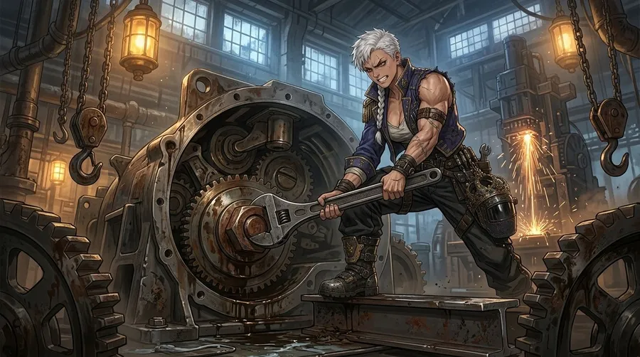 Anime female mechanic with short white hair loosening a rusted gear with a large wrench in an industrial workshop, anime AI art generated with getimg.ai.