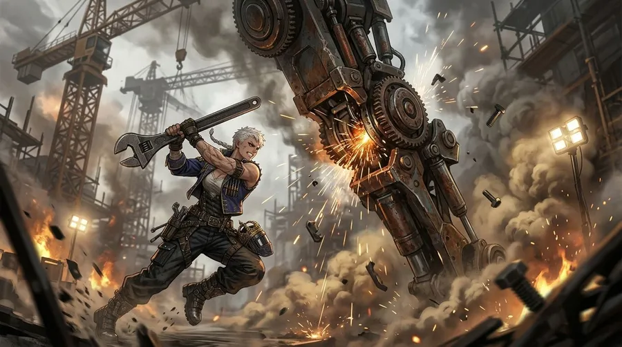 Anime female mechanic sprinting with a wrench under a malfunctioning construction machine amid sparks, anime AI art created with getimg.ai.
