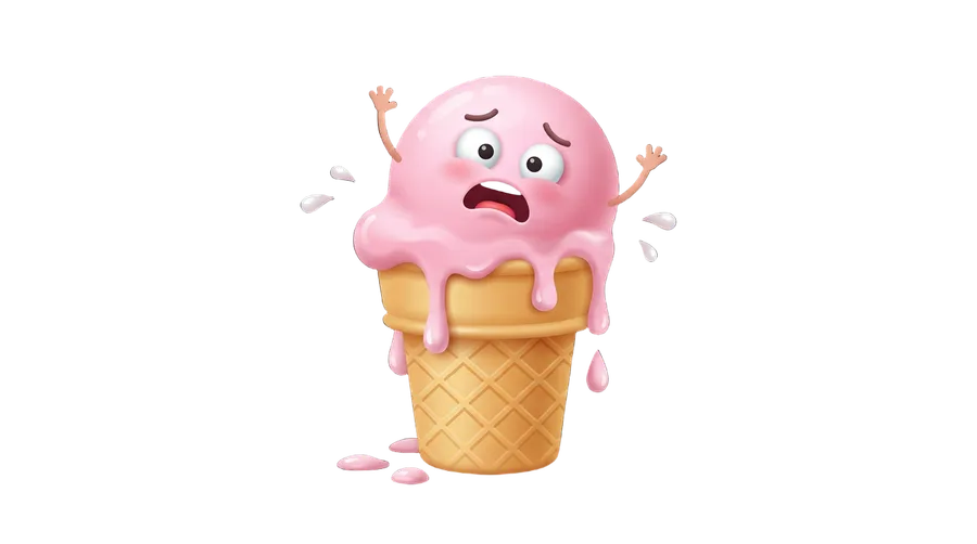 Custom emoji of a pink strawberry ice cream cone character melting and dripping with a worried, teary face and arms raised, in a glossy 3D style. A sad melting ice cream reaction emoji generated with getimg.ai's AI emoji maker.