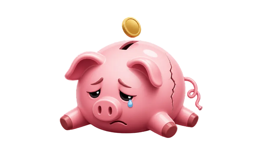 Custom emoji of a sad, cracked pink piggy bank with a teary face as a coin drops into its slot, in a glossy 3D style. A broke or low-on-money reaction emoji generated with getimg.ai's AI emoji maker.