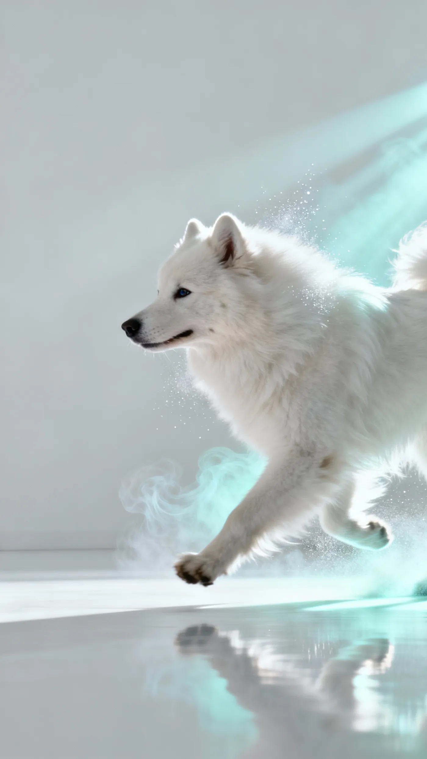 Second-image example for the Image transition Action on getimg.ai: a fluffy white Samoyed dog running across a glossy white floor through swirling pale-teal mist, lit cinematically.