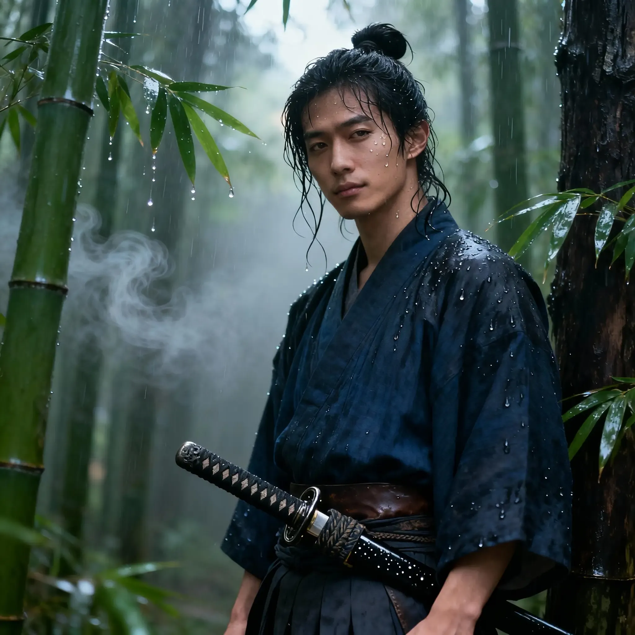 samurai in rainy bamboo grove with katana