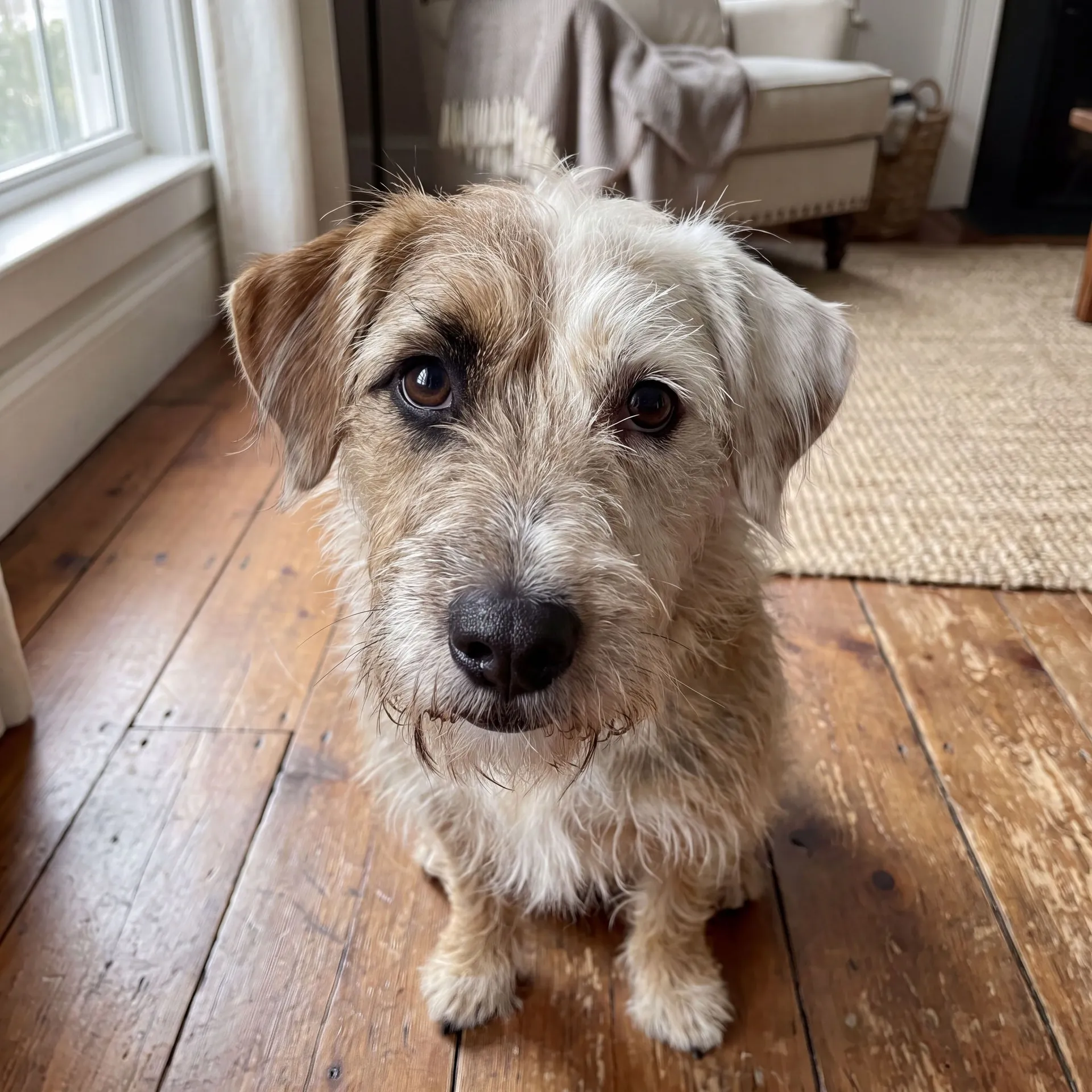 Input photo for the Sticker maker Action on getimg.ai: a scruffy cream and tan wire-haired terrier sitting on a wooden floor in a sunlit living room, looking up at the camera.
